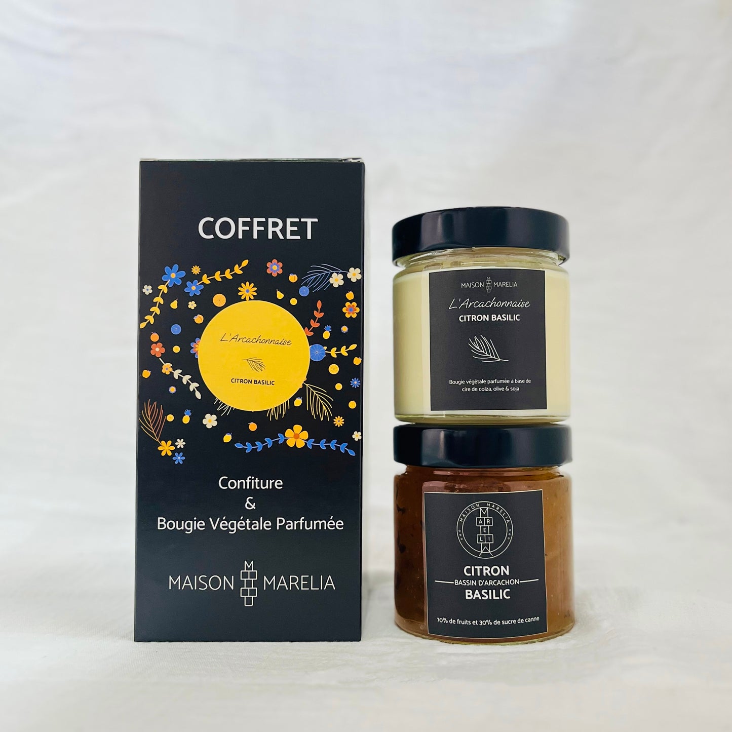 Coffret "L'Arcachonnaise", Confiture Citron Basilic et bougie végétale parfumée, sur fond blanc