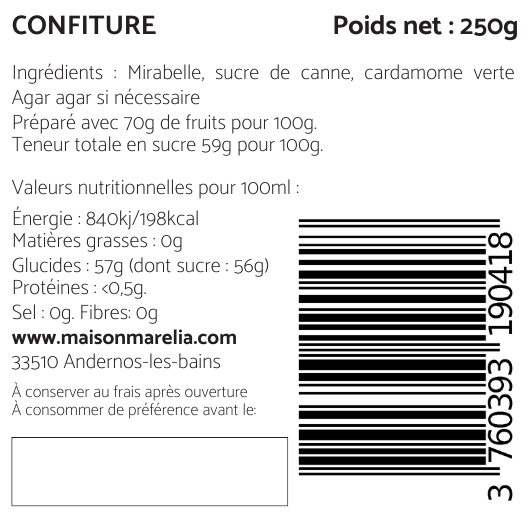 Composition Confiture Mirabelle Cardamone Verte, 70% de fruits 30% de sucre