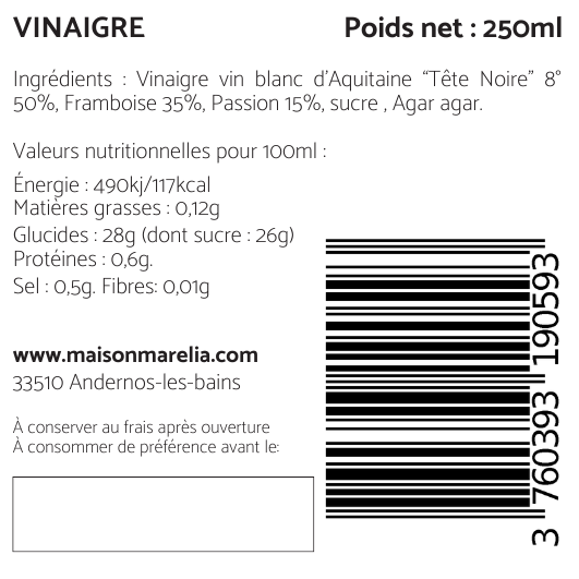 Code Barre et composition Vinaigre Framboise Passion